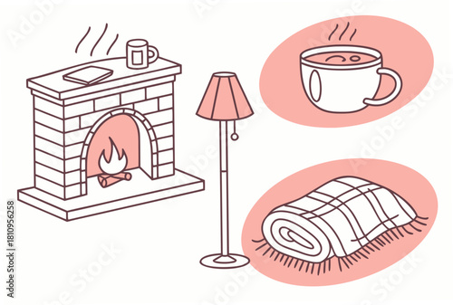 Cozy Fireplace Scene with Hot Drink and Blanket soft