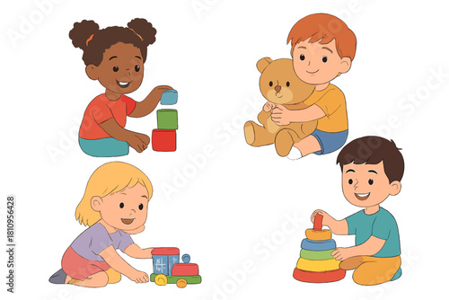 Diverse group of happy young children playing with colorful educational toys and stuffed animals