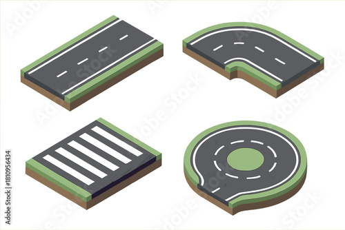 Isometric road parts set: straight highway, curved street, pedestrian crossing, traffic circle