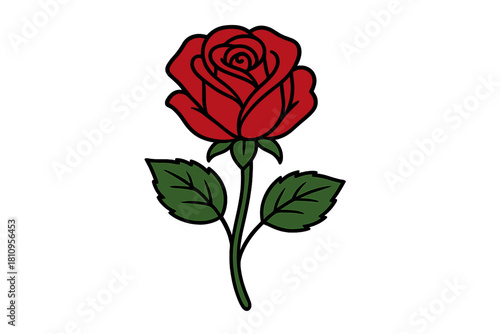 Bold outlined classic red rose blossom with stem and leaves
