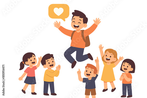 Happy children cheering and celebrating success with a jumping boy receiving social media likes and approval