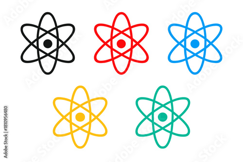Five colorful atom models representing scientific concepts in physics, chemistry, and nuclear energy
