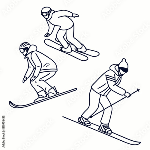 Three Skiers in Action Line Art Illustration skiing