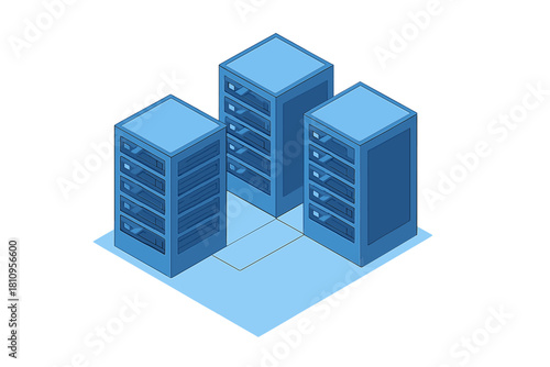 Isometric view of three large data center server racks for cloud computing and network infrastructure