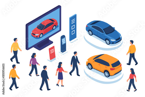 People viewing physical and virtual car models displayed on a large screen in an isometric showroom