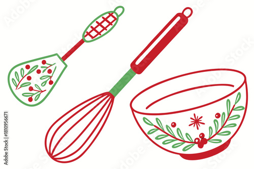Christmas Baking Utensils and Bowl With Berries whisk