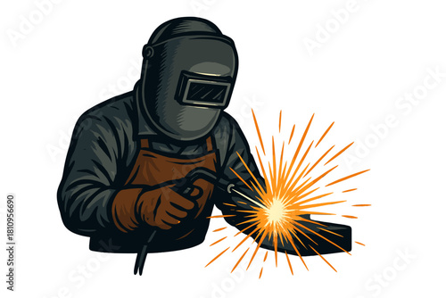 Professional welder working with welding torch creating bright sparks in protective gear