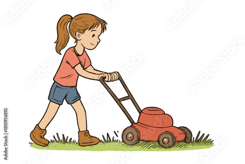 Cheerful young girl pushing a lawnmower while doing yard work on a sunny summer day