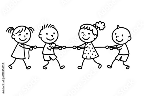 Four happy smiling children playing tug of war game together holding a rope in a simple doodle style drawing