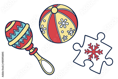 Colorful Baby Rattle Ball and Snowflake Puzzle Piece