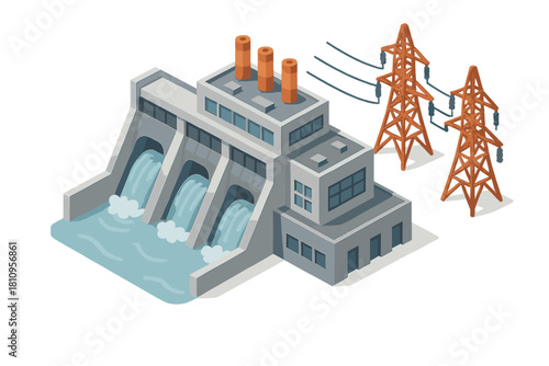 Hydroelectric power plant dam generating renewable energy connected to transmission towers