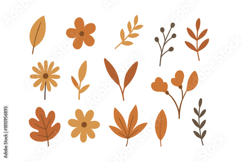 Stylized autumnal botanical elements set featuring leaves, flowers, and branches
