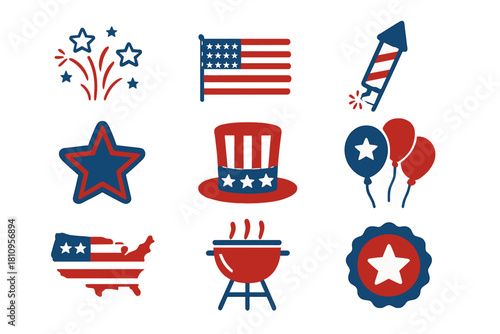 Independence Day celebration icons featuring American flag, stars, Uncle Sam hat, barbecue, and festive balloons