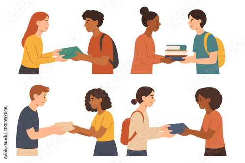 Diverse students exchanging textbooks and school supplies for education and academic learning