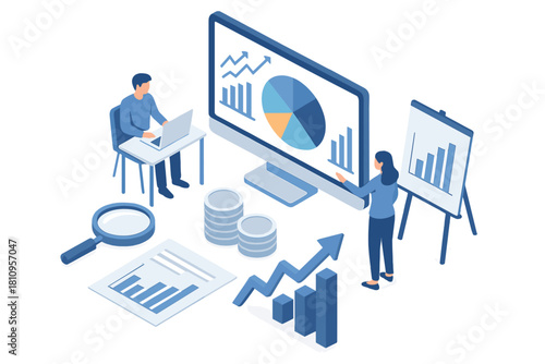 Business team analyzing financial data and market growth using charts in isometric view