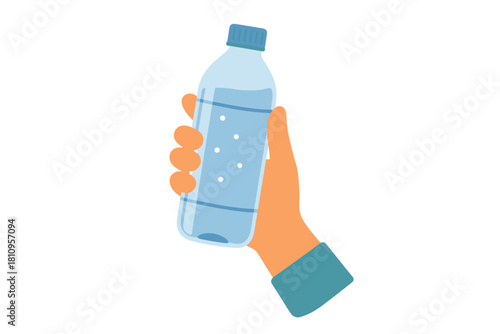 Hand holding a clear plastic bottle of fresh drinking water with a blue cap