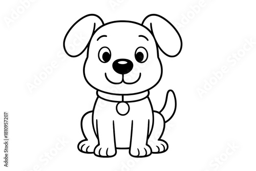 Adorable happy puppy dog sitting wearing a collar black and white line art