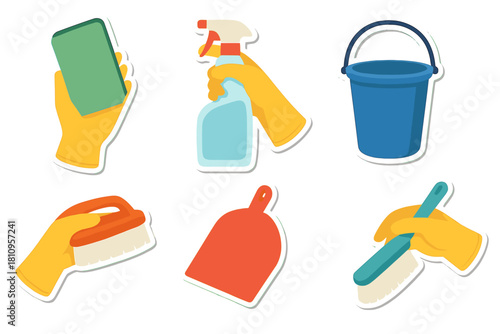 Collection of colorful stickers representing essential household cleaning tools and supplies