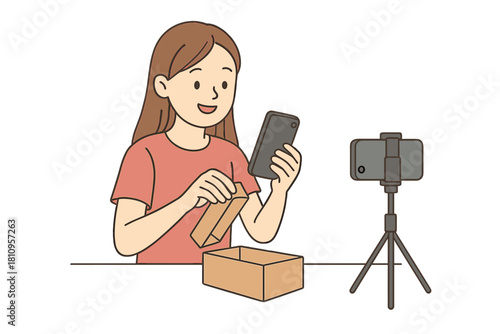 Young woman recording an unboxing video using a smartphone and tripod for social media content