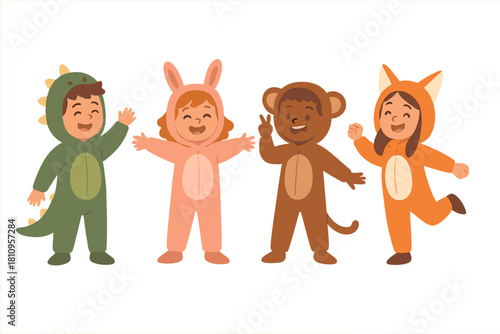 Cheerful diverse young children posing happily in full body animal costumes for a celebration