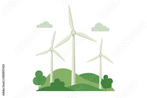 Wind turbines generating sustainable energy on green rolling hills under a cloudy sky