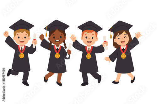 Happy diverse children celebrating graduation day holding diplomas and wearing academic caps and gowns