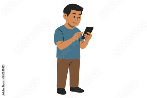 Casual young man standing and actively using a smartphone for browsing social media content