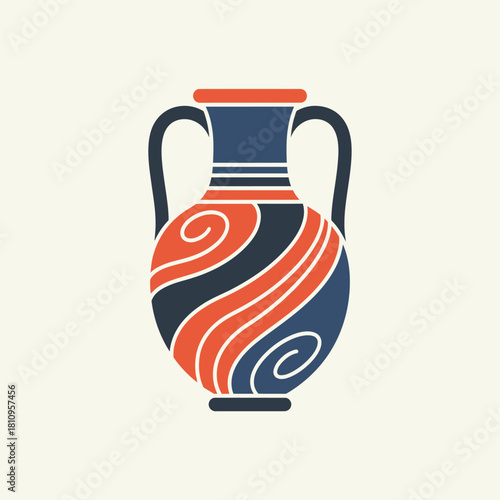Illustration of a vase with orange and blue swirls.