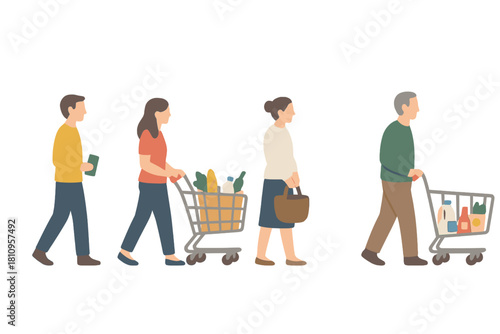 Diverse group of people walking with shopping carts and bags after grocery shopping