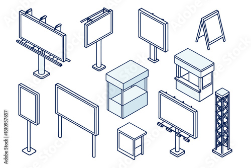 Isometric outline icons of outdoor advertising signs, billboards, and promotional kiosks