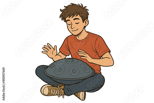 Young musician playing a handpan drum while sitting cross-legged with closed eyes
