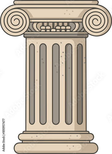 A detailed cartoon illustration of a classical Greek Ionic column with volutes and fluted shaft.