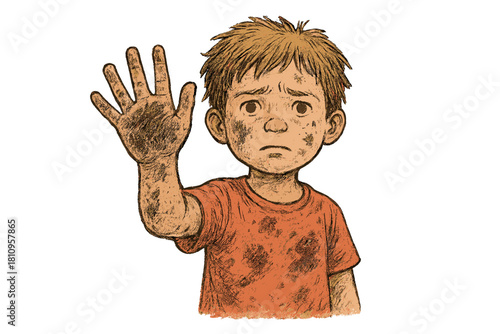 Sad young boy covered in dirt raising hand in gesture of stop or surrender