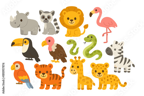 Adorable set of cartoon African and tropical wild animals characters for children