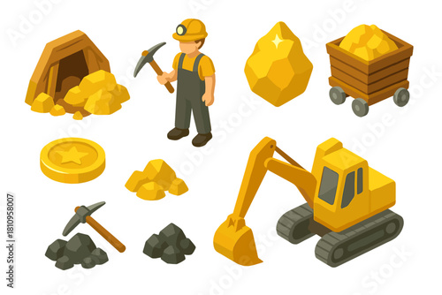 Isometric gold mining set with worker, pickaxe, excavator, mine cart, and precious metal nuggets
