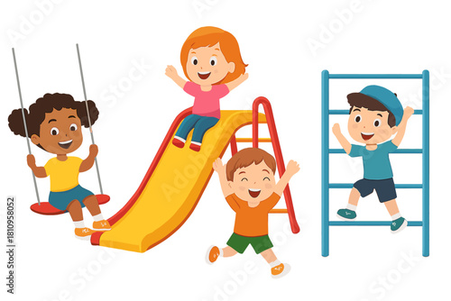 Group of cheerful children enjoying outdoor activities on a colorful park playground structure
