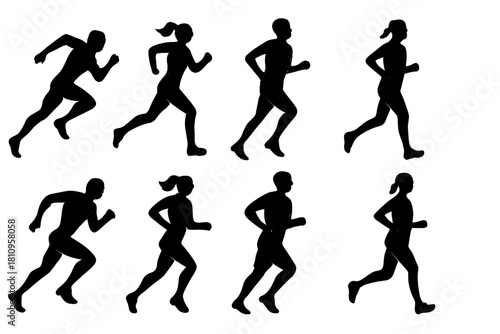 High contrast silhouettes of male and female athletes running and sprinting