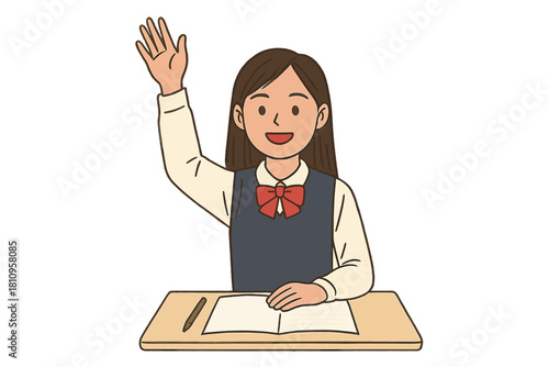Cheerful female student in school uniform raising hand to participate in class discussion