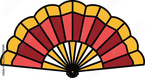 A colorful open hand fan with a red, pink, and yellow geometric pattern.