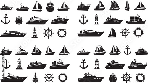 Collection of Nautical Icons and Silhouettes Keywords: boat, ship, yacht, sailboat, freighter