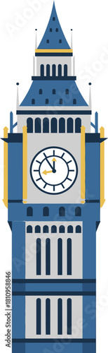 Stylized illustration of Big Ben clock tower in London, featuring its iconic blue and white architecture with a prominent clock face showing the time.
