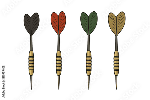 Four colorful darts with metal tips and heart-shaped flights for pub games