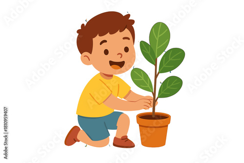 Happy boy planting a small green sapling in a terracotta pot