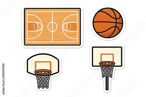Essential basketball elements set including court layout, ball, hoop, and backboard