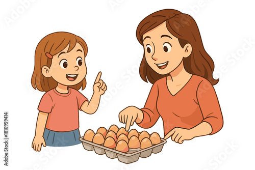 Mother and daughter counting fresh brown eggs in a carton while preparing to cook
