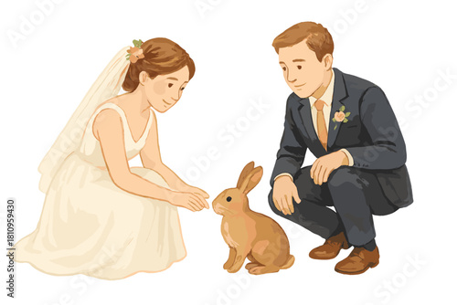 Newlywed couple crouching to greet small brown rabbit outdoors