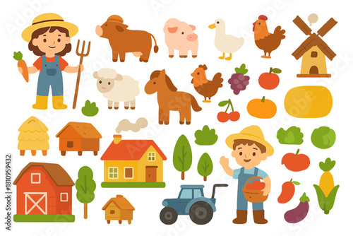 Charming set of cute farm elements including animals children and harvest produce