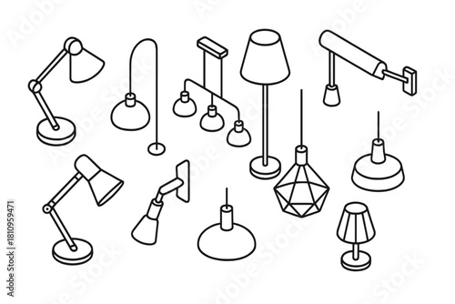 Isometric line art collection of modern lighting fixtures and various lamps