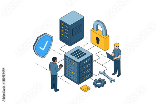Isometric server maintenance and data protection concept with security icons