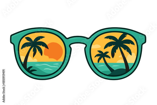 Sunglasses reflecting vibrant tropical sunset over ocean with palm silhouettes